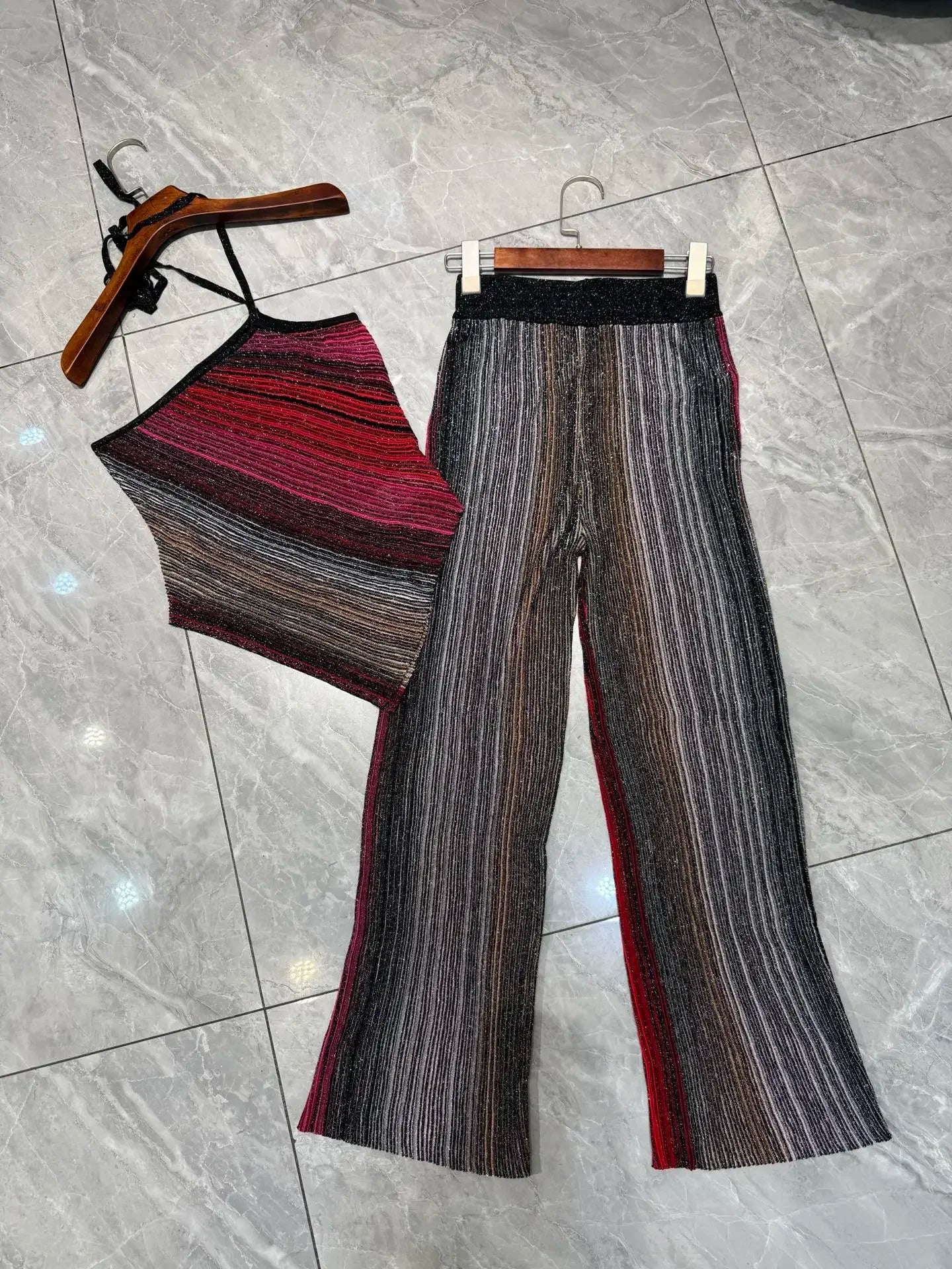 Women Metallic Sequined Striped Knitted Set Slanted Shoulder Sleeveless Camisole + Elastic Waist Straight Pants Casual Suits