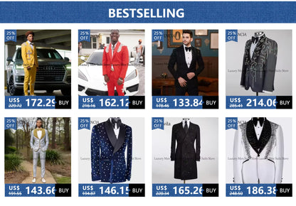 Customized Tuxedo Luxury Beaded Men Suits 2 Pieces Sets Male Dinner Party Blazers Slim Fit Groom Prom Terno Masculinos Completo