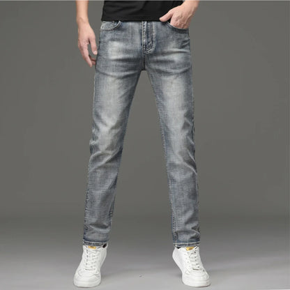 High-end Light Luxury Brand Jeans Men's Retro Slim Fit Straight Versatile Casual Gray Trousers Autumn and Winter Thick Jeans
