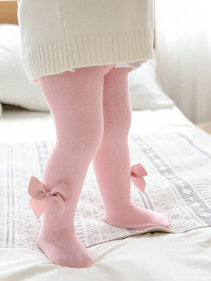 0-36 Month Baby Girls Solid Color Pantyhoses with Threaded Bowknots,Elastic Waist Leggings Tights for Casual Daily Spring Autumn
