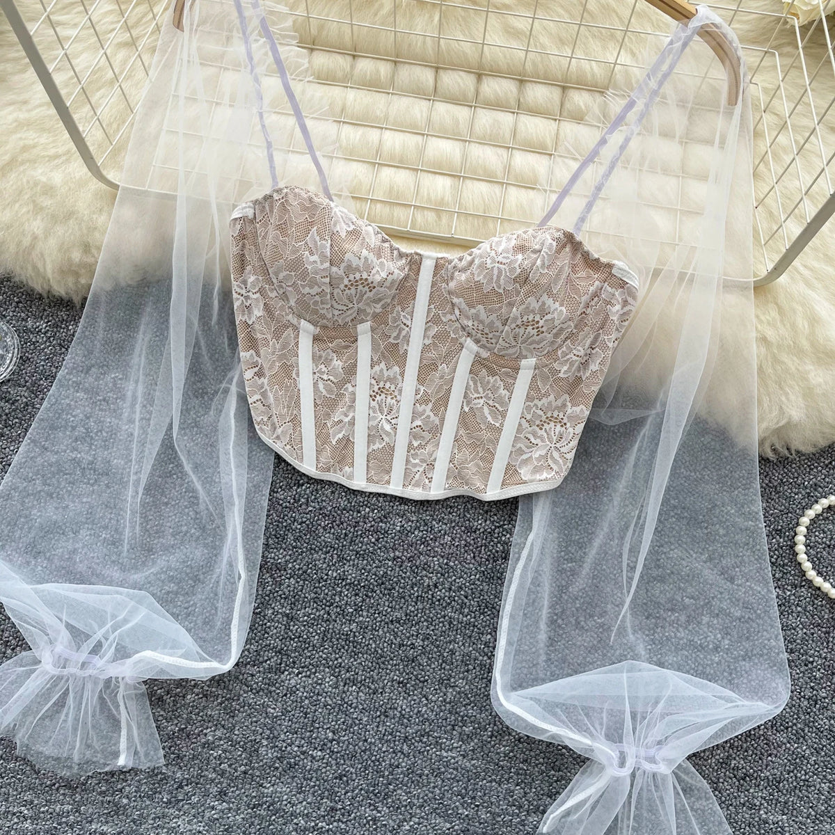 Women Chic Lace Mesh Sheer  Long Sleeve Backless Crop Top Solid Slim Sexy Korean Fashion Summer Women Shirt Square Collar