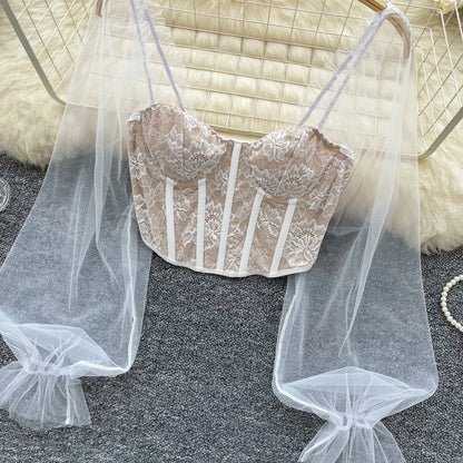 Women Chic Lace Mesh Sheer  Long Sleeve Backless Crop Top Solid Slim Sexy Korean Fashion Summer Women Shirt Square Collar