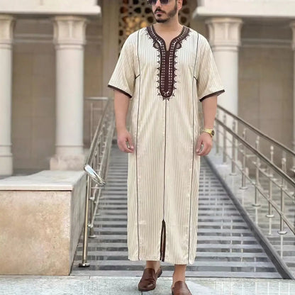 Muslim Men's Morocco Gandoura Thobe Loose Short Sleeves Gorgeous Embroidery Comfortable Islamic Men's Traditional Clothing Party