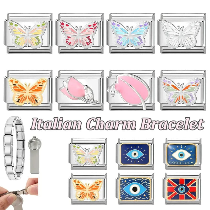 Fashion Drip Glaze Blue Eyes Colorful Butterfly Italian Charm Links Fit 9mm Stainless Steel Bracelet Jewelry DIY Making Beads