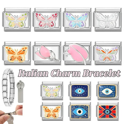 Fashion Drip Glaze Blue Eyes Colorful Butterfly Italian Charm Links Fit 9mm Stainless Steel Bracelet Jewelry DIY Making Beads
