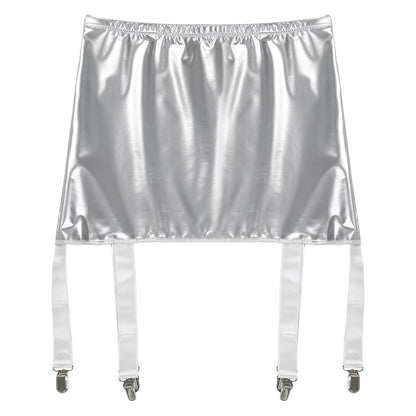Women's Garter Straps Pencil Skirts Patent Leather Wet Look Garter Belt Short Mini Skirts with Buckle Clips Sexy Clubwear Party