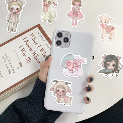 50PCS Pink Creepy Girl Stickers Gothic Horror Decals Bizarre Graffiti Art for DIY Decoration