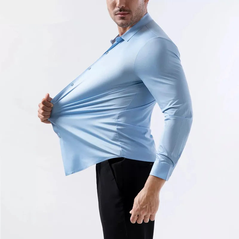 100KG Non-Iron Four-way High Stretch Men's Long Sleeve Shirt Silky Soft Sommth Blue Black Business Party Wedding Male Clothing