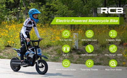 RCB KIDS Kids Electric Motorcycle R9X PRO 350W 36V Ride-On Toy, 3 Speed 25km/h, 16km Range, LED Light, Rechargeable, 6+, Max 80kg