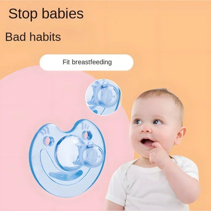 Newborn baby lulls to sleep with a breast milk like pacifier, with a soft silicone pacifier and round head to prevent eating