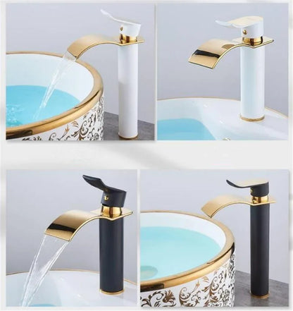 Basin Faucet Gold and White Waterfall Faucet Brass Bathroom Faucet Bathroom Basin Faucet Mixer Tap Hot and Cold Sink Faucet