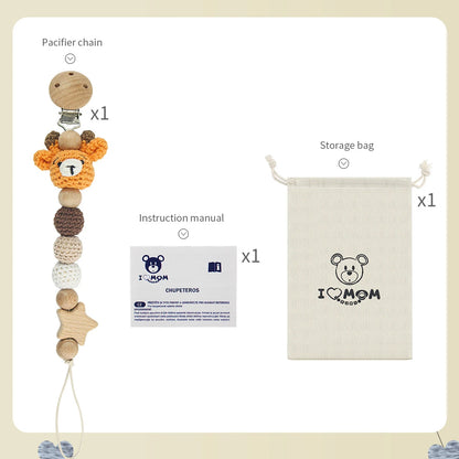 Cartoon Bunny Pacifier Chain Clip Wood Crochet Bear Teething Chain Baby Teether Soother Holder Newborn Chew Toys Pacifier Clips