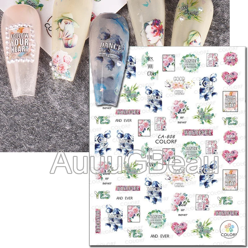 3d Nails Art Decals Spring Fruits Pink Full Tips Peony Magnolia Flowers Adhesive Sliders Stickers Decoration For Nails Manicure