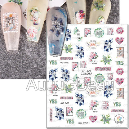 3d Nails Art Decals Spring Fruits Pink Full Tips Peony Magnolia Flowers Adhesive Sliders Stickers Decoration For Nails Manicure
