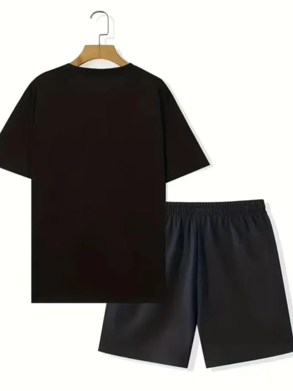 2025 New Men's Summer Round Neck Short Sleeve Suit Outdoor Sports Breathable Comfortable Shorts Suit Letter Print Casual Suit
