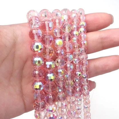 6/8/10mm Sizes Faceted Glass Beads 96-faceted Pink Blue Crystal Earth Beads Faceted Cut Style Plating Clear Jewelry Making Beads