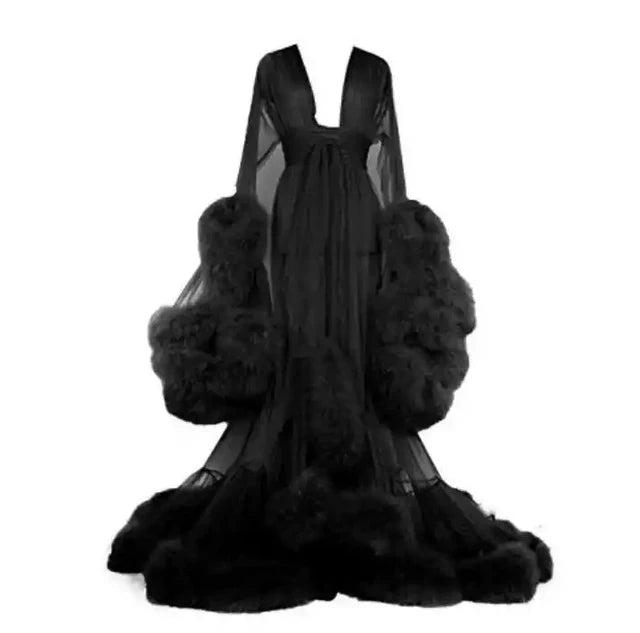 Sexy Deep V-neck Tulle Maternity Dresses Lace Hollow Horn Long-sleeved Feather Trailing Dress Photo Photography Props Vestidos