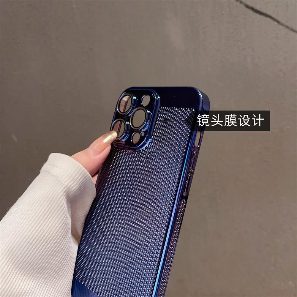 Luxury Plating Hollowed Out Case for iPhone 17 Pro 16 15 14 Pro Max Plus 13 12 Mini 11 17Air Heat Dissipation Shockproof Cover