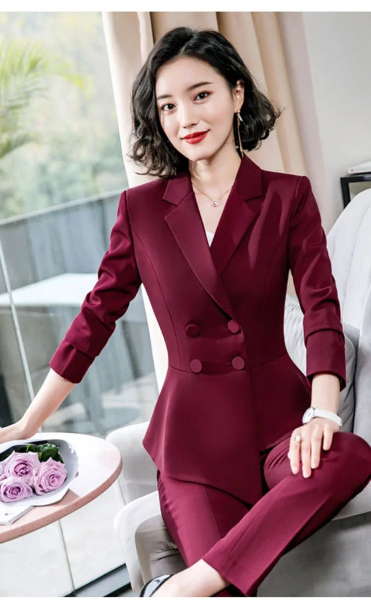 Fashion Red Pant Suits For Women Business Work Wear Formal Outfits Office Lady Blazer Set Elegant 2 Pieces Sets Female 2024 New