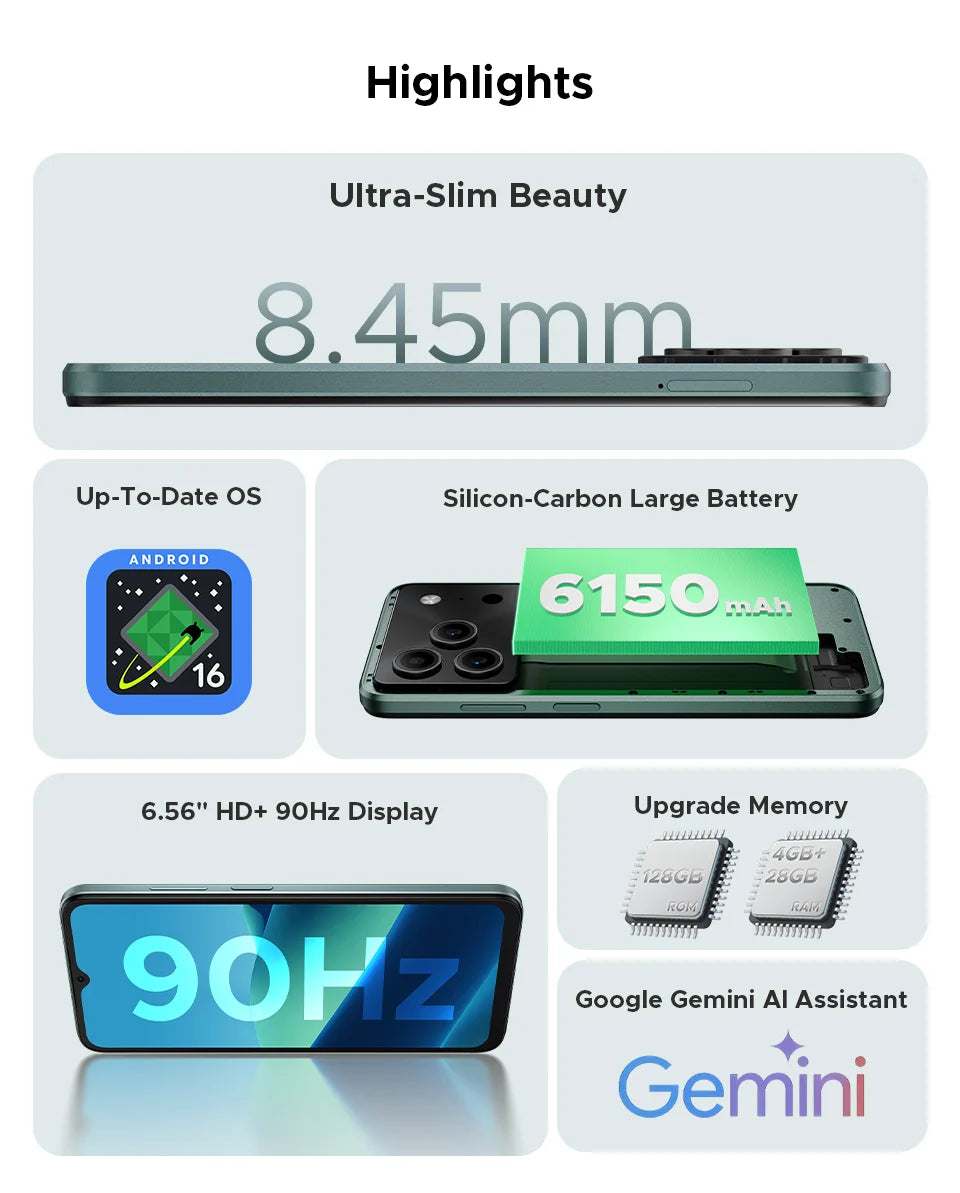 DOOGEE Note56 Pro Smartphone 32GB+128GB Android 16 6150mAh Battery 6.56'' 90Hz Screen 13MP+8MP Widevine L1 NFC Cell Phone