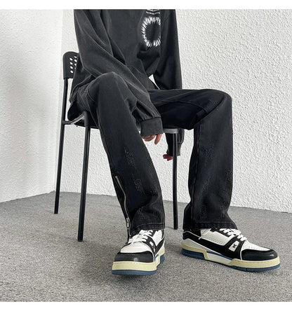 2024 Spring Autumn Korean Men Fashionable Retro Street Jeans Zip Design on Trouser Legs Straight-leg Denim Pants Men's Clothing