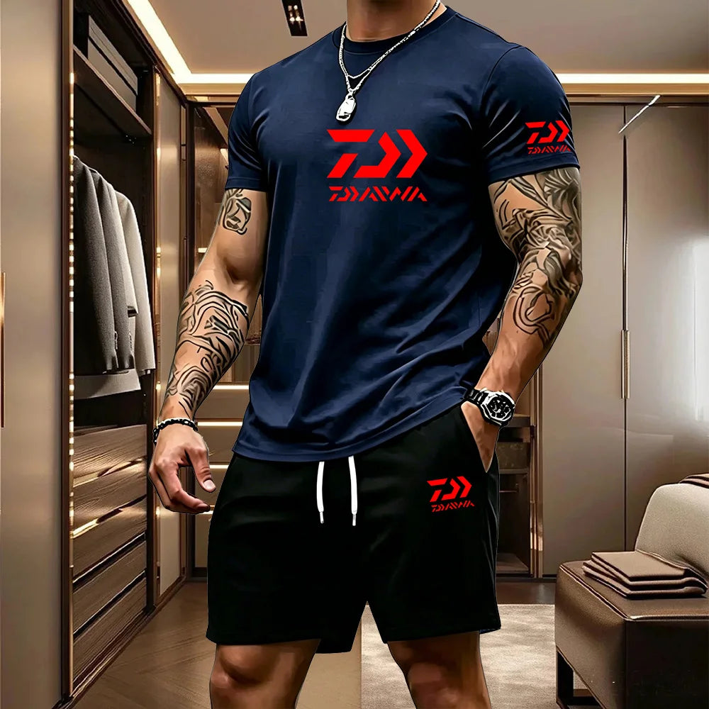 2026 Summer Men's Short Sleeved T-shirt Drawstring Shorts Set Breathable Outdoor Sports Set Men's Daily Fishing Suit