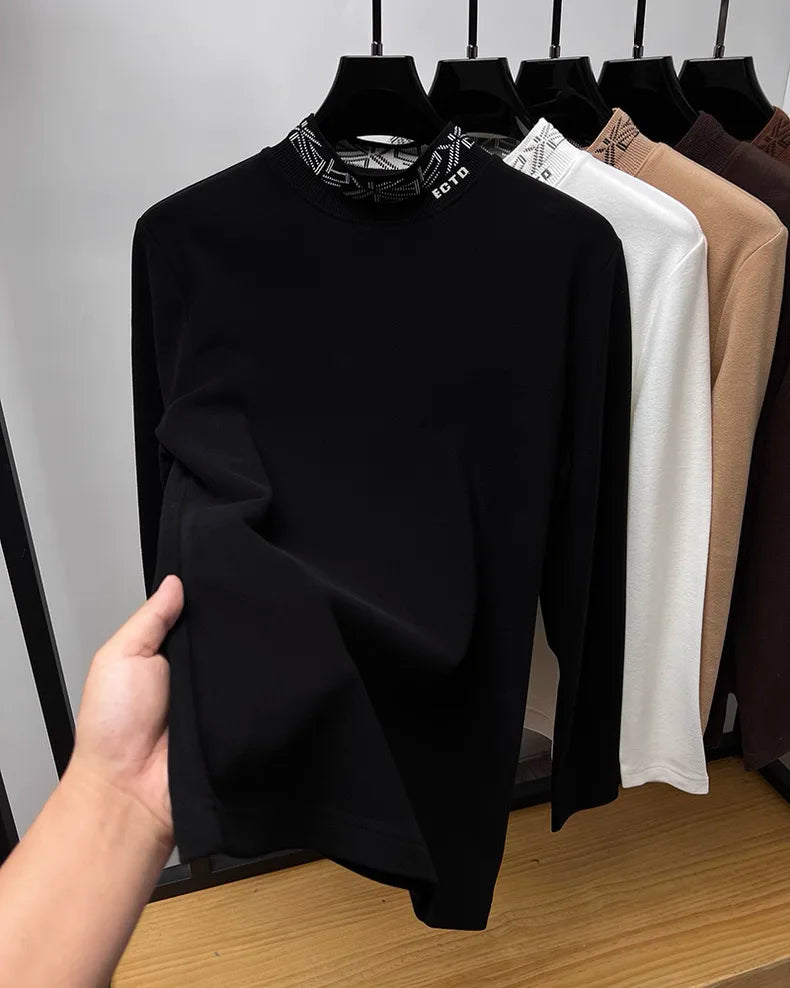 High quality men's semi high neck velvet sweater long sleeved warm T-shirt autumn winter fashionable embroidery casual pullover
