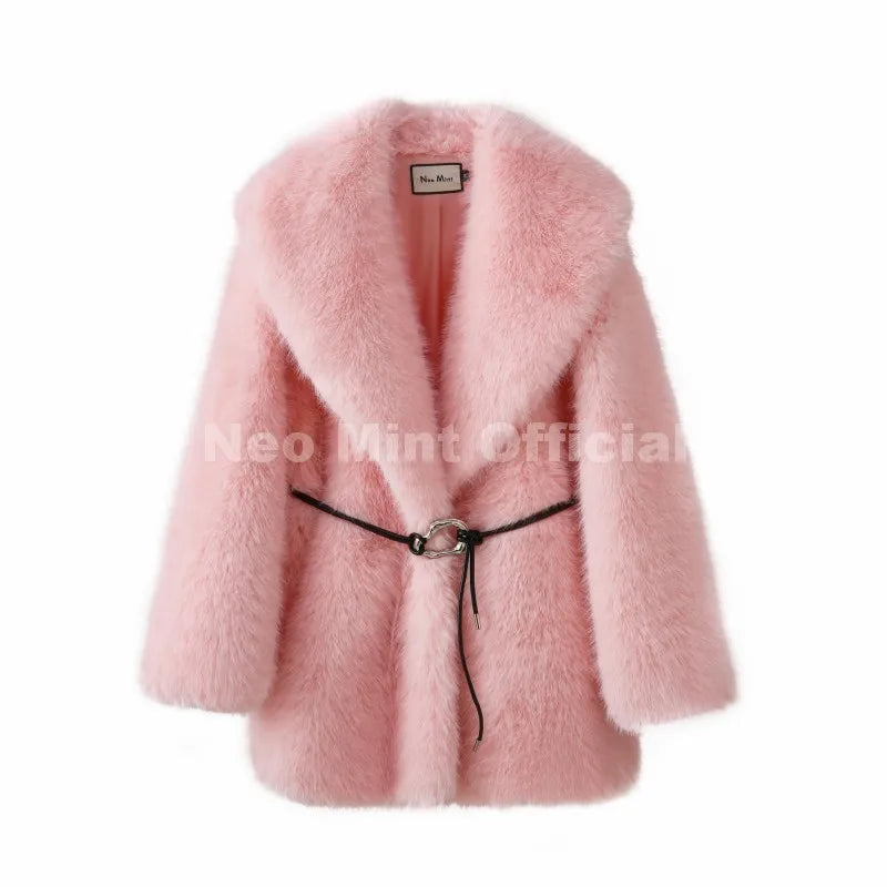Neo Mint Chic Brand Fashion Brown Belted Faux Fur Coat Women 2025 Winter Thick Warm Long Fox Fur Jacket Girls Furry Overcoat