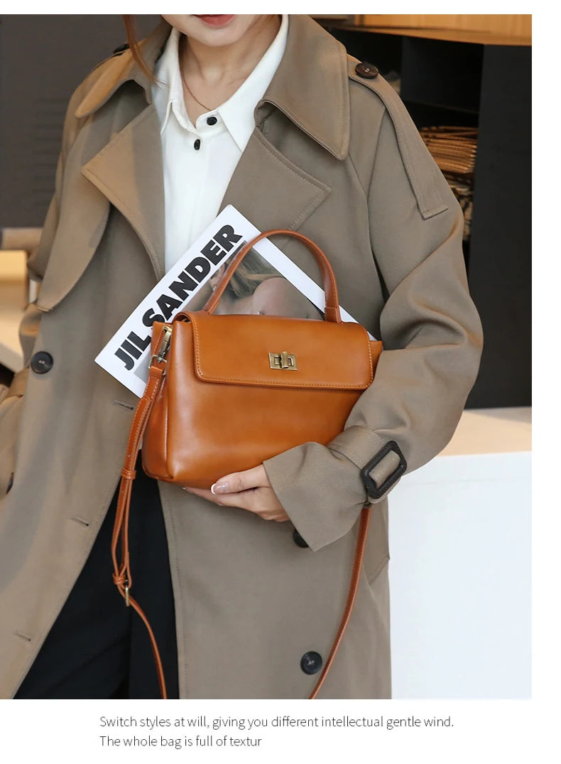 Genuine Leather Top Handle Crossbody Bag for Women Vintage Oil Wax Leather Shoulder Bag Small Luxury Designer Satchel Handbag