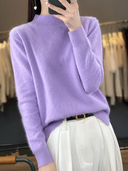100% Mink Cashmere Sweater Women's Half High Collar Pullover Long Sleeve Cashmere Knitwear Fashion Autumn Winter Female Clothing
