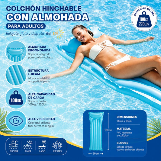Inflatable floating mat for adults 183x69cm integrated pillow I-Beam structure durable PVC 100kg load assorted colors pool beach lake quick inflation foldable summer