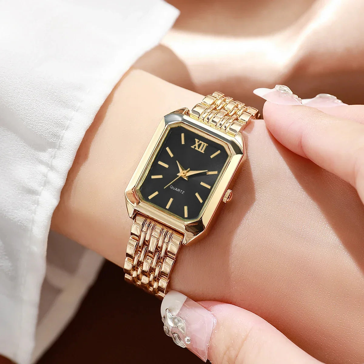 2PCS Fashion Rectangle Women Quartz Watch Rhinestone Bracelet Set Roma Dial Ladies Wristwatches Girls Clock Reloj Mujer