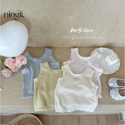 Girls' Ribbed Camisole with Embroidery & Ruffle Trim – Soft Spaghetti Strap Tank Top for Summer, Layering or Beach Wear