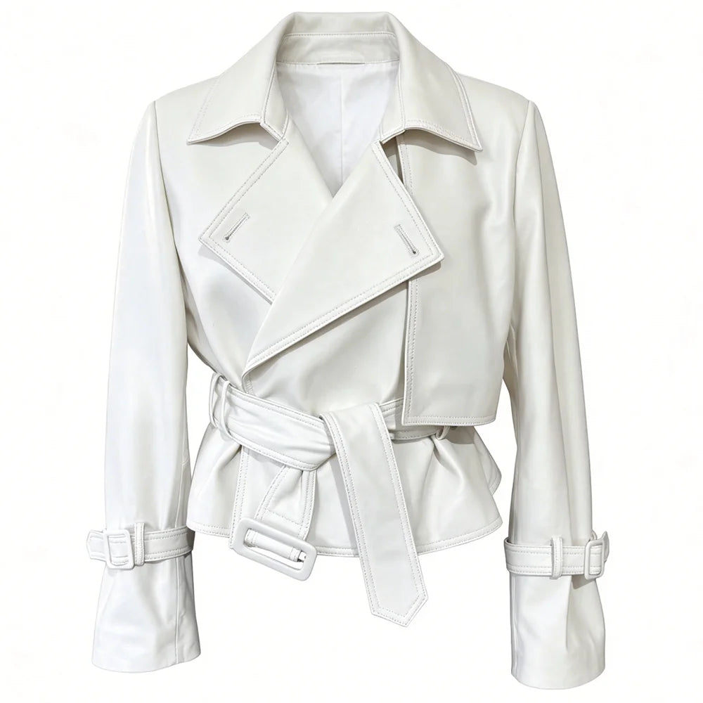 YOLOAgain 2025 Autumn Elegant Real Leather Jacket Coat Women Oversized Leather Jacket With Belt