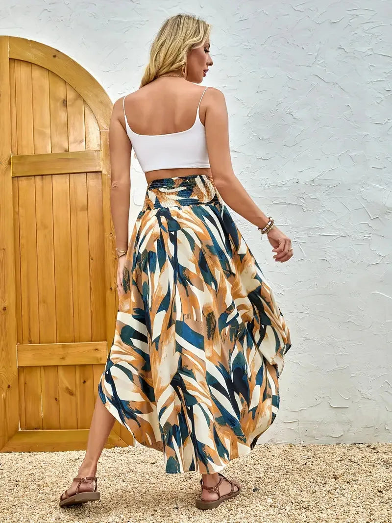 Bohemian Boho Vintage Floral Print Skirts Women Summer High Waist A-Line Pleated Elastic Long Skirts Casual Holiday Beach Skirt
