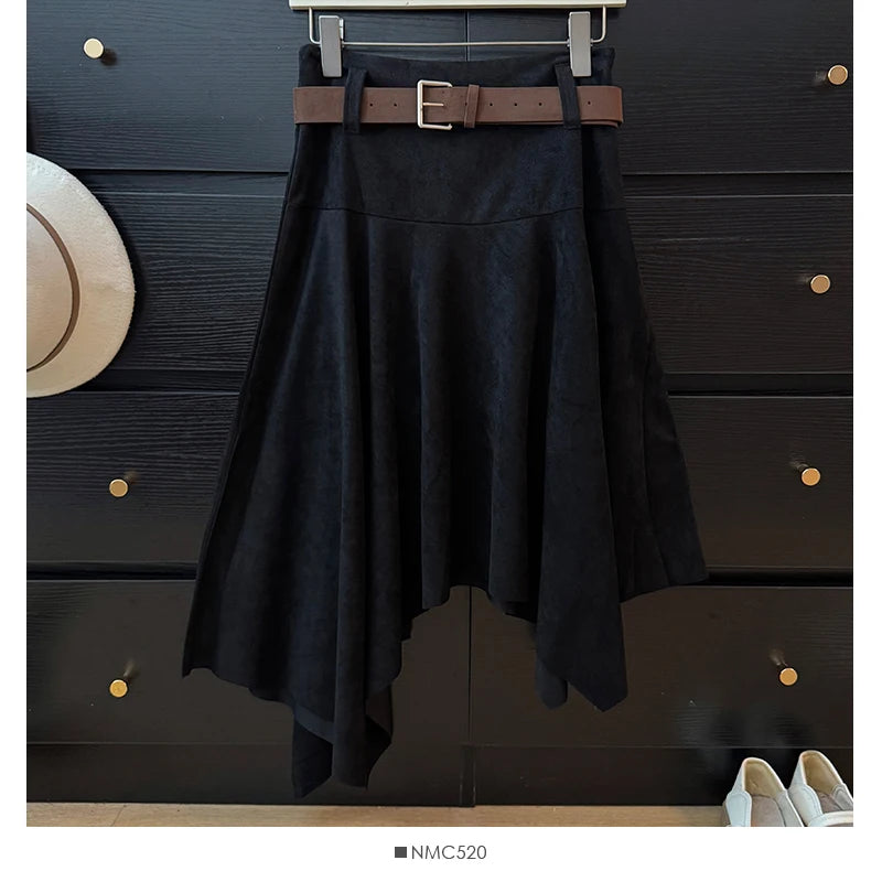 French Fashion Y2K Vintage Harajuku Suede Skirts Women Slim Fit Irregular High Waist A-Line Skirts Casual Elegant Pleated Skirts
