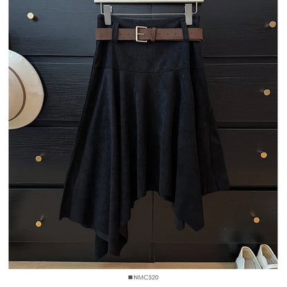 French Fashion Y2K Vintage Harajuku Suede Skirts Women Slim Fit Irregular High Waist A-Line Skirts Casual Elegant Pleated Skirts