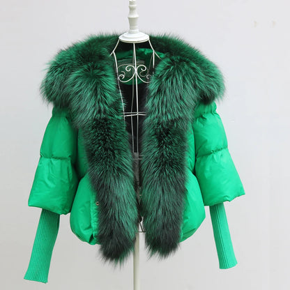 Oversized Winter Warm Real Fox Fur Collar Black Down Coat Women Puffer Outerwear Jackets 2024 Autumn Winter