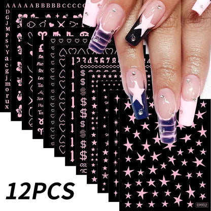 12Pcs 3D Gold Sliver Stars Nail Stickers Bronzing Starlight Nail Art Decals Self Adhesive Slider Decals DIY Nail Tips Decoration