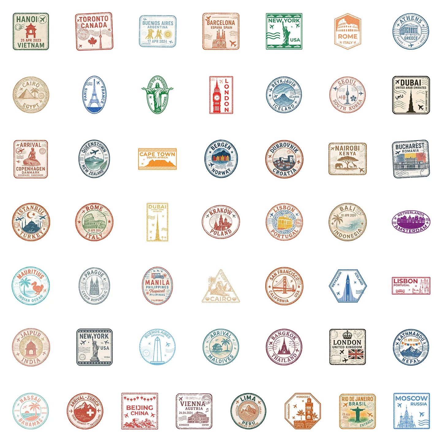 50PCS New Passport Stamp Graffiti Stickers Famous Buildings Travel City Cartoon Decal Laptop Phone Cup Helmet Classic Kid Toys