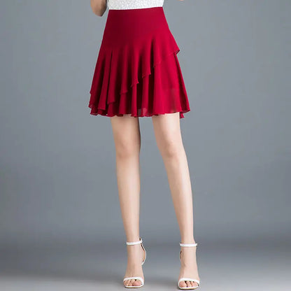 Fashion Solid Color Spliced Ruffles Chiffon Skirts Women's Clothing Summer New Loose Office Lady Elastic High Waist Skirts