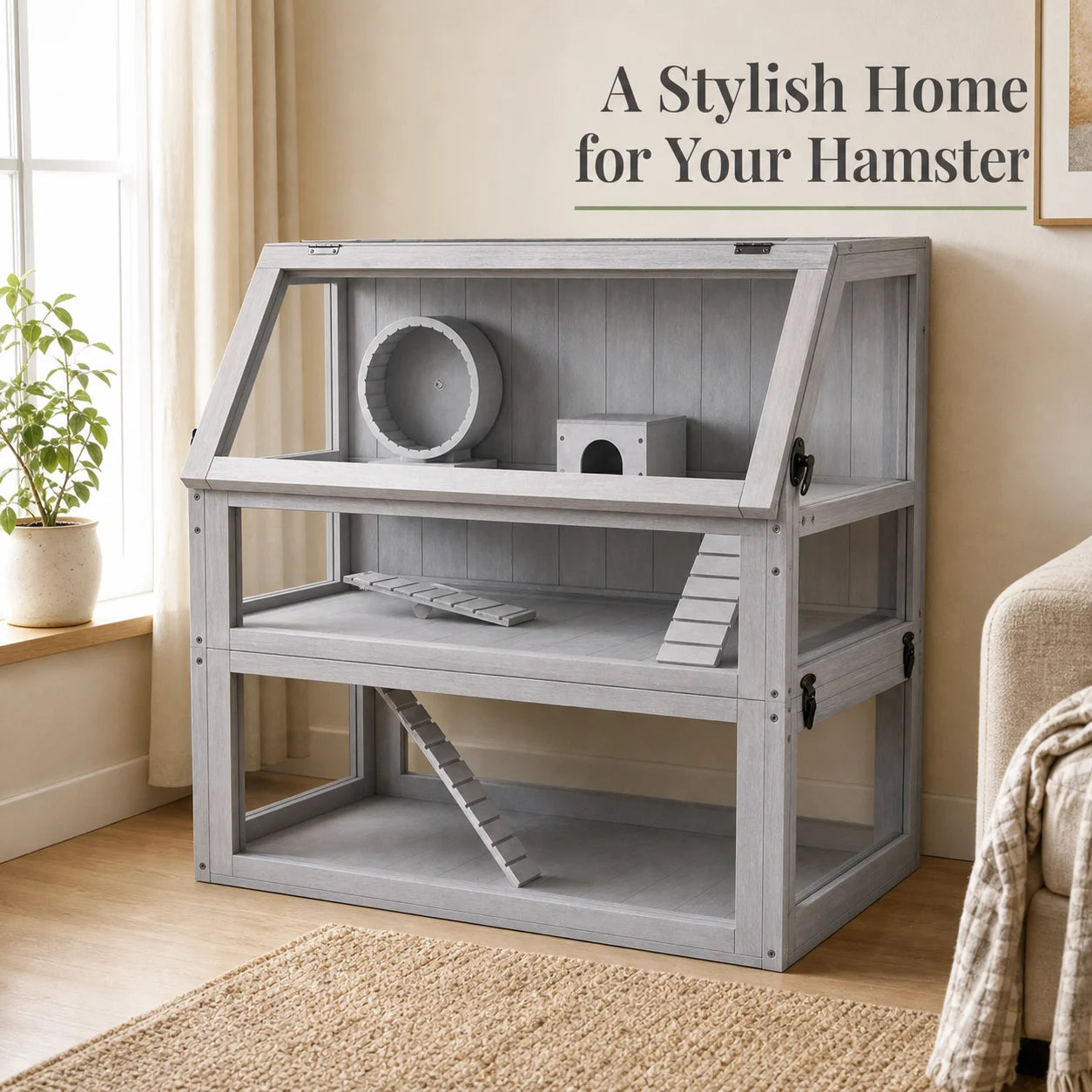 Wooden Hamster Cage 3 Story with Deep Base Removable Levels for Small Animals 80x50x76cm Light Gray
