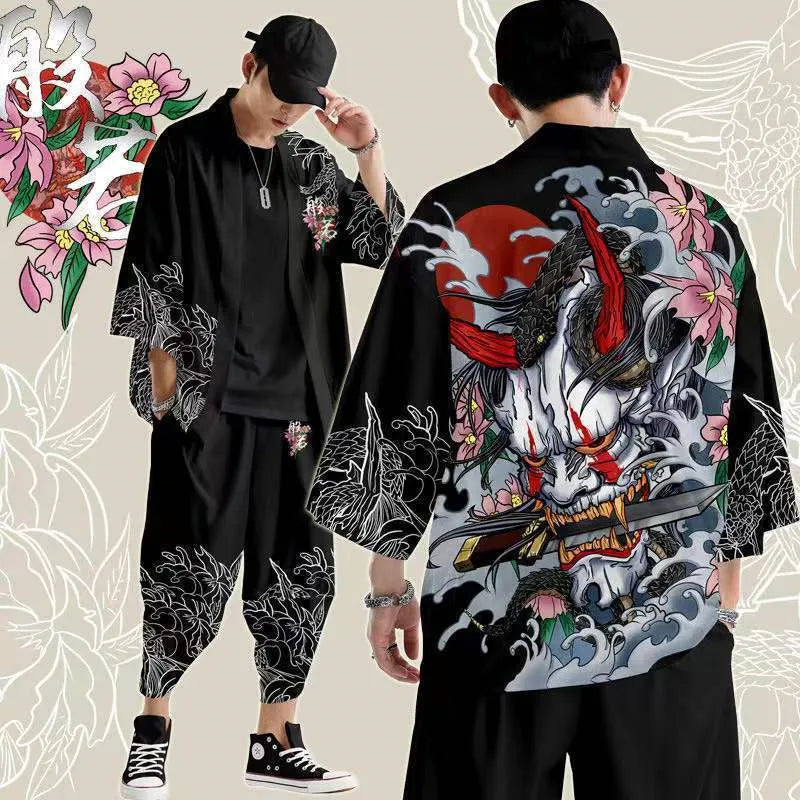 Large Size 5XL 6XL Japanese Kimono Cardigan Pants Set Print Fox Men Women Shirt Tradition Yukata Haori Obi Cosplay Costume