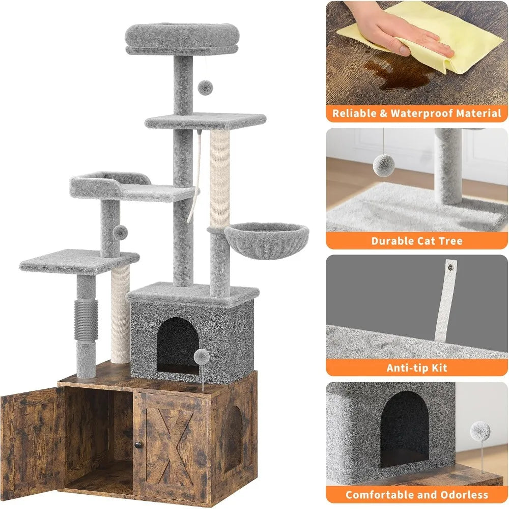 Garvee 2-in-1 Wooden Cat Tree with Hidden Litter Box Enclosure, Multi-Level Cat Tower with Scratching Posts, Cat Condo, Platforms & Hammock, Indoor Cat Washroom Furniture, Brown