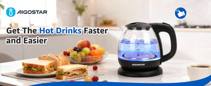 Aigostar Elfin Mini Borosilicate Glass Kettle with LED Lighting, 2200 W, 1 L Capacity, BPA-Free, Fast Boiling, Vacuum Protection