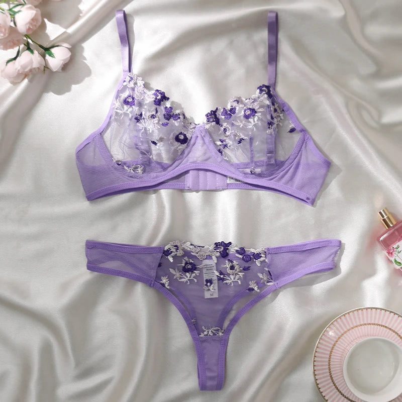 Women Sexy Lace Lingerie Push Up Lingerie Semi-Sheer Bra And Panty Sets Female Erotic Underwear Flower Embroidery Bralette Set
