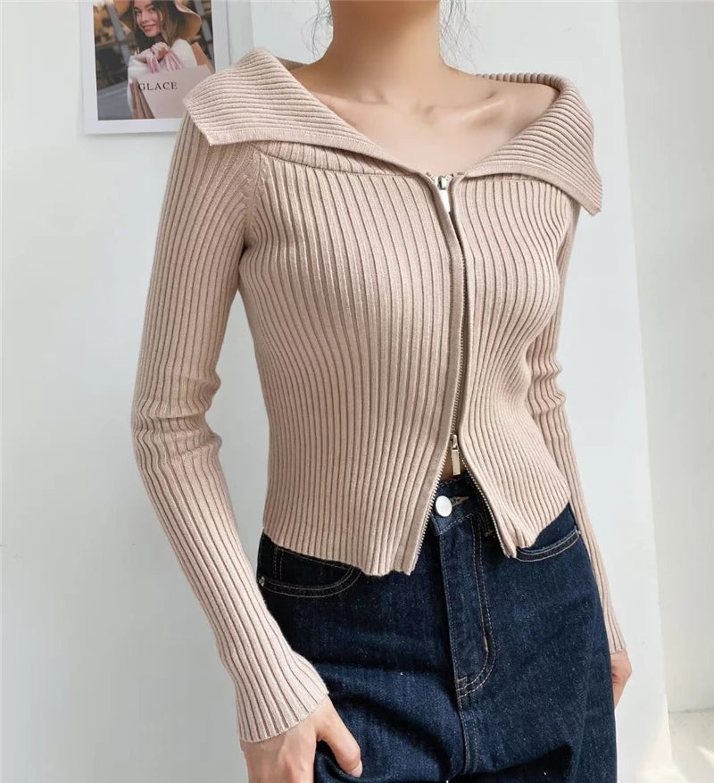 LUNDUNSHIJIA 2026 New Autumn Women Elegant Thickened Zipper Sweaters For Women Rose Red Fashion Short Female Cardigan 4 Colors