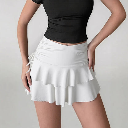 Women's Ruffle Mini Skirt 2026 Summer Fashion Solid High Waist Short Skirts Lace Up Slim Outfit Clothes Casual Chic Streetwear