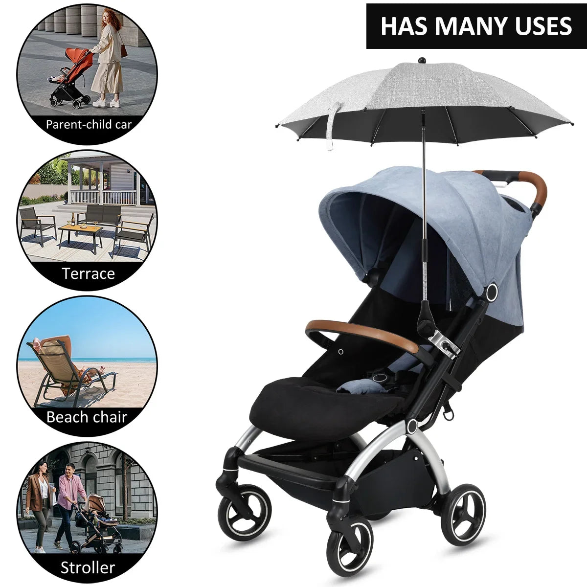 Universal Sun Umbrella for Baby Stroller UV Protection Pram Umbrella 360° Adjustable Rainproof and Windproof Sunshade Parasol
