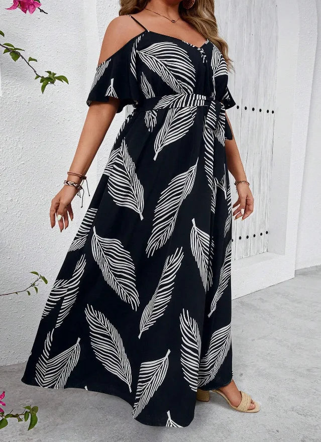 Plus Size Large Size Fashion Floral Print Women's Strap Dress Comfortable Casual Long Skirt Polyester Fabric Commute Style Th...